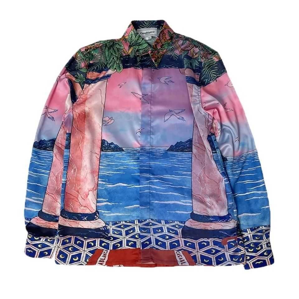 

Casablanca ocean sunset bird Silk Long Sleeve Shirt Men's and women's same Euro American style loose Korean version, White;black