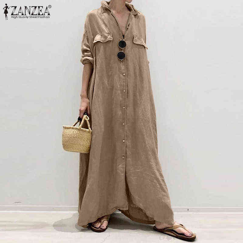 

Oversized Women Harajuku Shirts Dresses 2021 Autumn Vintage Long Sleeve Maxi Dress ZANZEA Casual Ladies Solid Loose Lapel Robe 7 G1213, Khaki