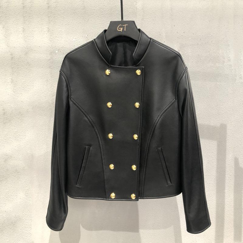 

Women's Leather & Faux Luxury Real Sheepskin Coat Women Spring V-Neck Collar Overcoat Double Breasted Short Length Casual Style Drop-Shoulde, Black
