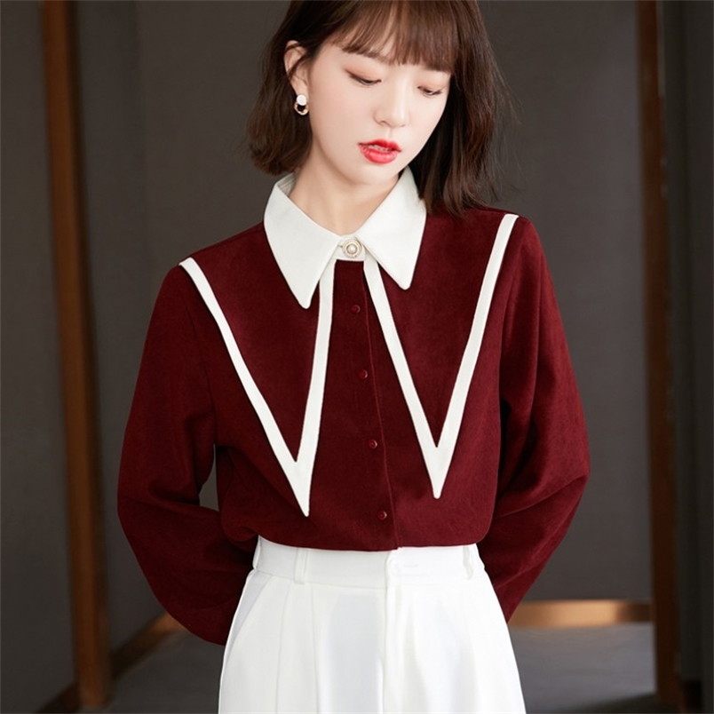 

Spring Women Hit Color Corduroy Blouse Shirt Casual OL Long Sleeve Turn Down Collar Lady Chic Femme Tops 210519, Photo color