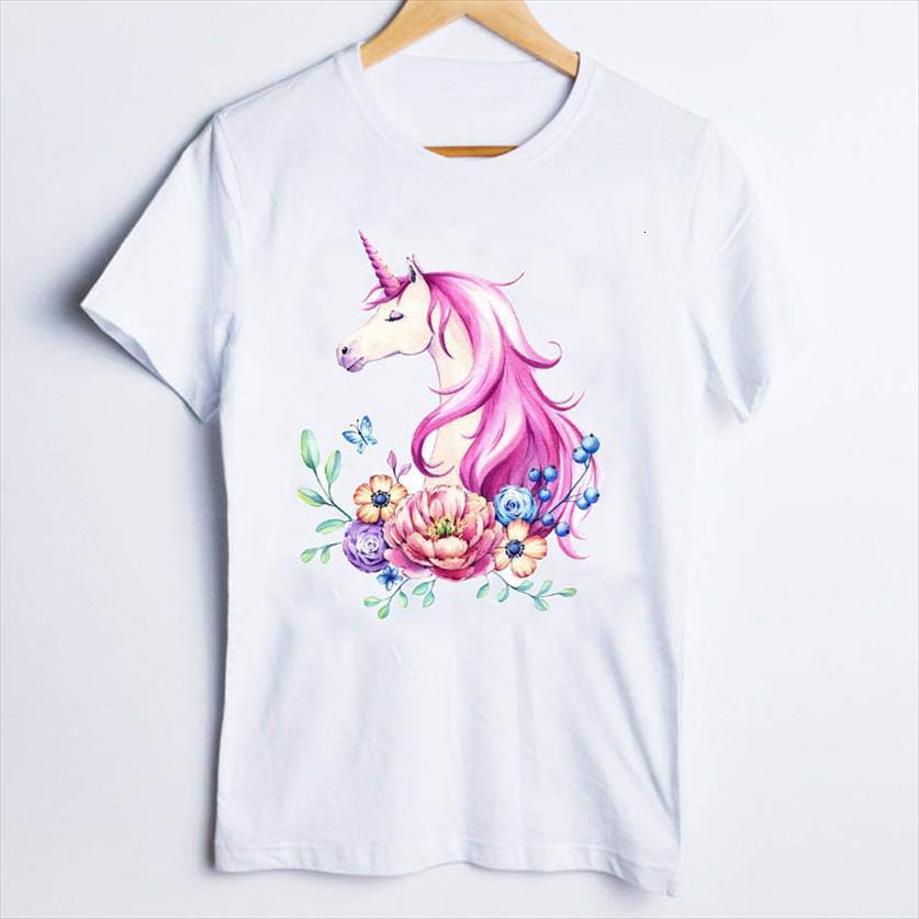 

tees fashion unicorn watercolor womens flower cute animal 90s clothes clothing female t shirt, White