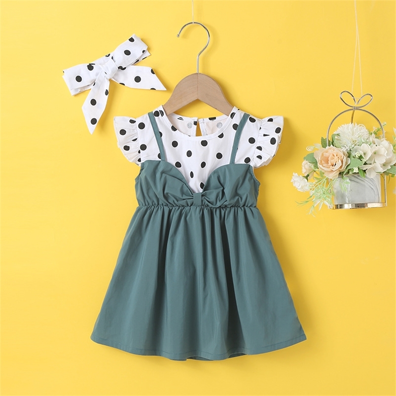 

Summer Arrivals Girls Style Dress Strap Patchwork Dot Blackish Green Cute A-Line Girl Cake Vestidos 0-2T 210629