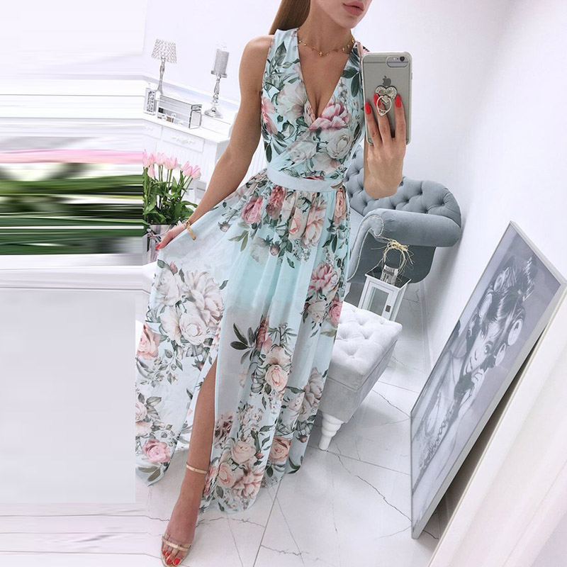 

2021 Summer Deep V-Neck Sleeveless Beach Dress Elegant Women Chiffon Split Maxi Party Dress Vintage Floral Print Long Dresses, White