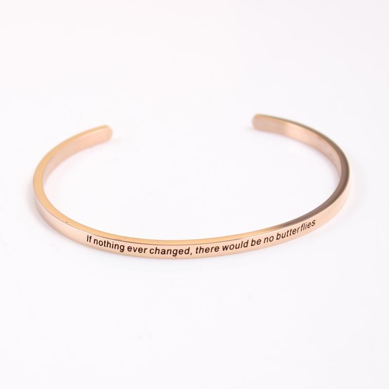 

Rose Gold Stainless Steel Engraved If Nothing Ever Changed There Would Be No Butterfly Hand Imprint Bangle, Black
