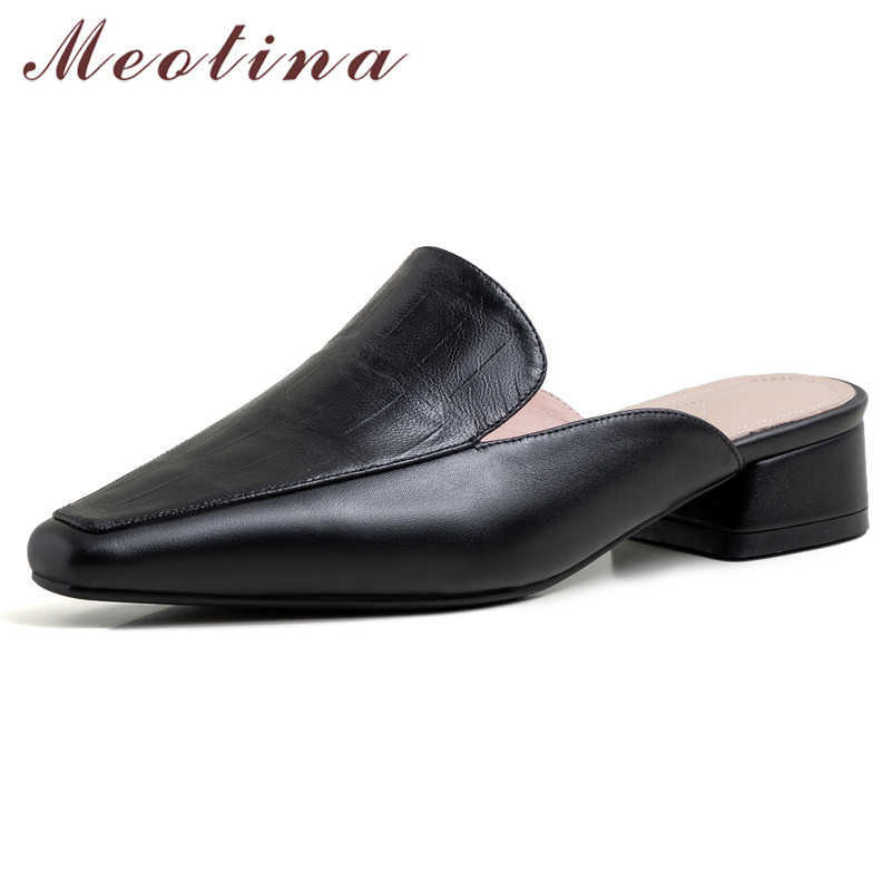 

Meotina Women Pumps Natural Genuine Leather Low Heels Mules Shoes Square Toe Block Heel Causal Ladies Footwear Summer Black 39 210608