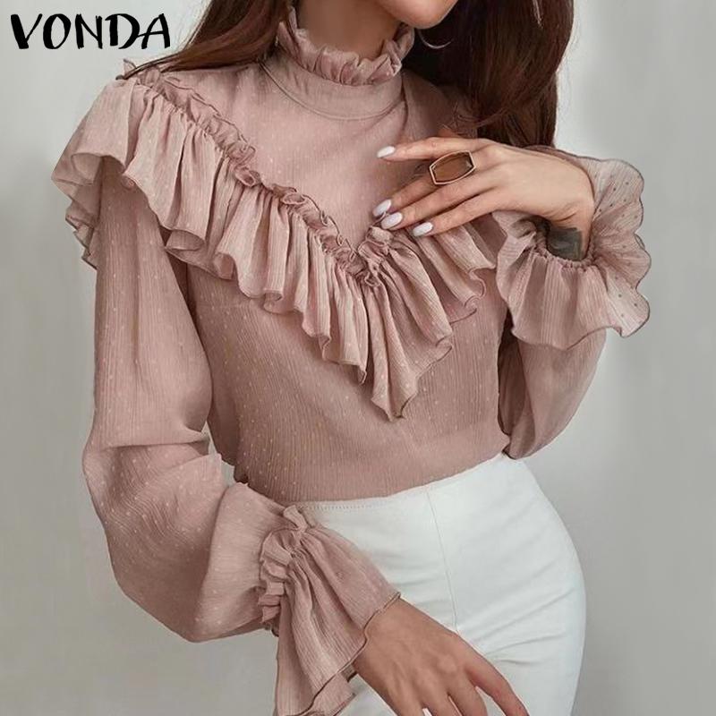 

Women's Blouses & Shirts Women Elegant Blouse Casual Pleated Flare Sleeve Turtleneck Tops 2021 VONDA Office Ladies Long S-, White