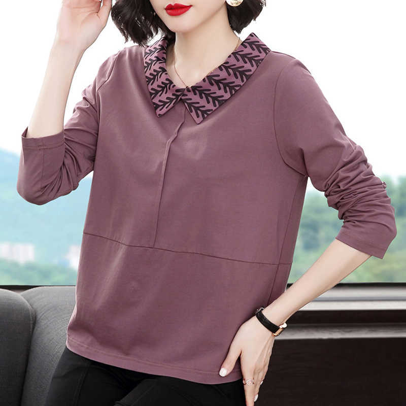 

Shintimes Turn-Down Collar Loose Plus Size Korean Fashion Patchwork Long Sleeve T Shirt Women T-Shirt Cotton Tshirt Femme 210615, Purple
