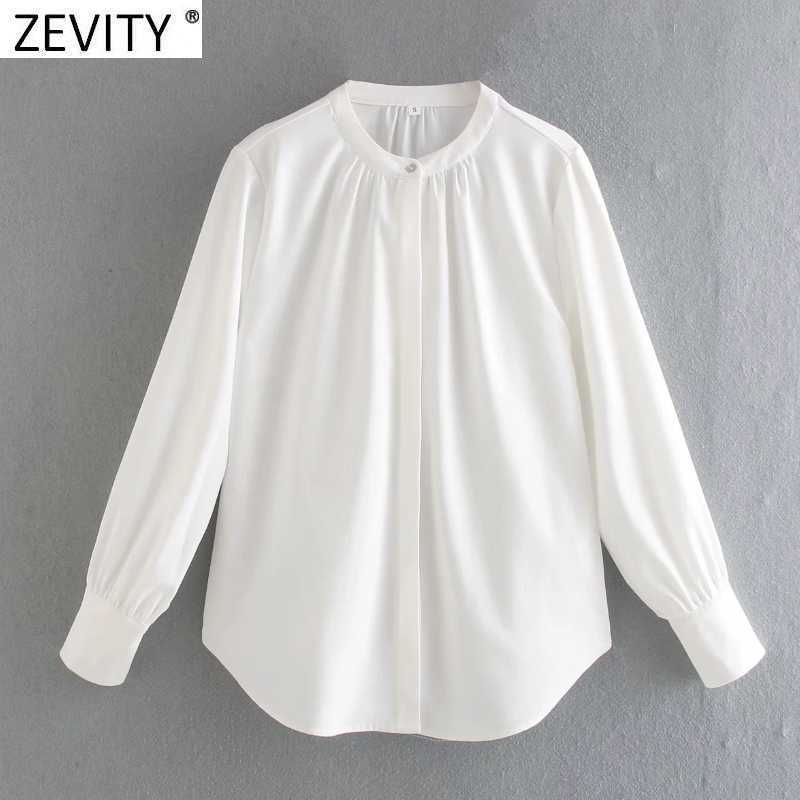 

Zevity Women Simply Stand Collar Solid Color Smock Blouse Office Ladies Single Breasted Business Shirts Chic Blusas Tops LS7463 210603, Cc ls7463w