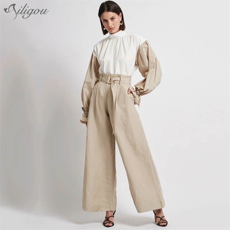 

Winter Fashion 2 Two-Piece Female Stand Collar Flared Sleeve Top High Waist Wide Leg Pants Casual Set 210525, Khaki set