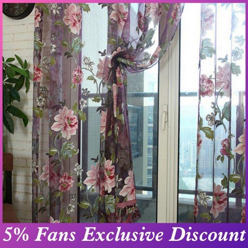 

Curtain & Drapes Peony Printed Tulle Window Transparent Sheer Curtains Room Divider Valance