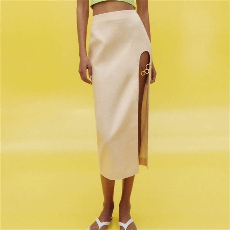 

KUMSVAG Summer Women Linen Skirts Solid Split fork Fashion Vintage Female Elegant Mid-Calf Skirt WF64206 210702