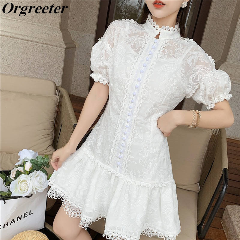 

White Dresses for Women Summer Beach Mini High Quality Lace Patchwork Embroidery Single-breasted Mermaid 210525
