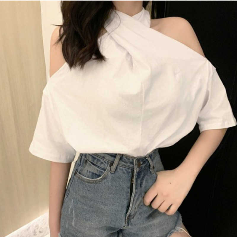 

White Solid Color Personality Cross Neck T Shirt Female Sexy Fashion Strapless Loose Top Summer Top Korea X8NK 210603