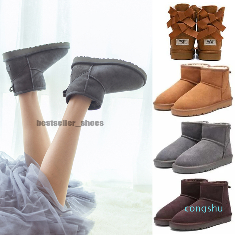 With Box fur snow luxury designer women winter boots leather classic kneel half long ankle black grey chestnut coffee warm bailey bow w