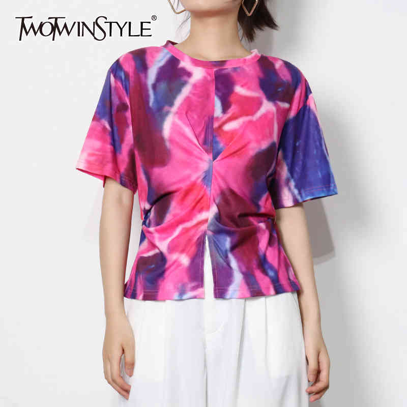 

Print Ruched Casual Tops For Women O Neck Short Sleeve Hit Color T Shirt Female Fashion Clothing Summer 210524