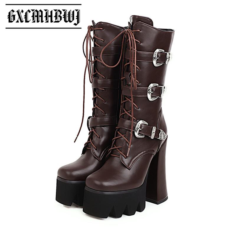 

Boots GXCMHBWJ High Quality Soft Leather PU Women Mid Calf Punk Goth Belt Buckle Heel Platform Lady Shoes Motorcycle, Black