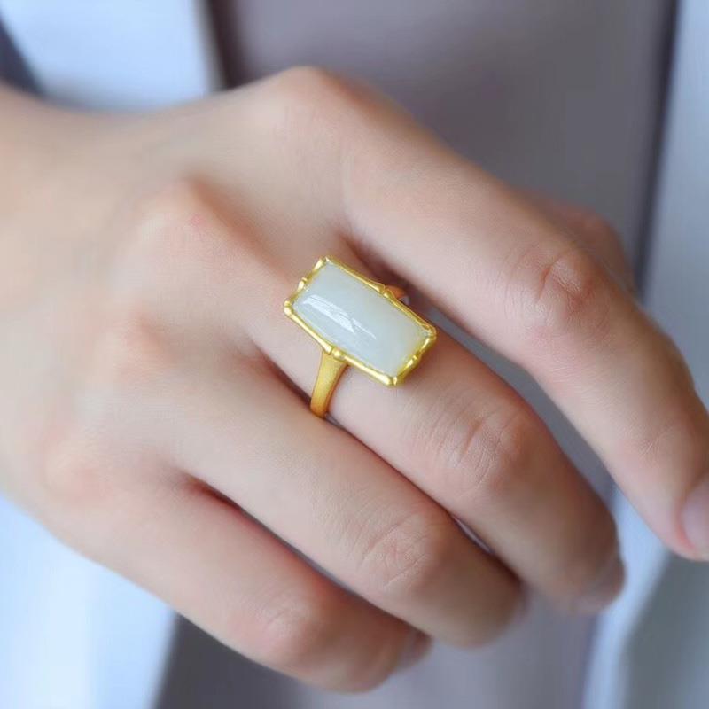 

Cluster Rings Natural Hetian Jade White Ring Pure Silver Inlaid Gold Craft Bamboo Knot Decoration Opening Size Adjustable, Golden;silver