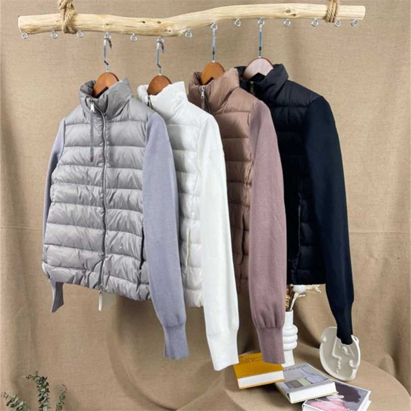 

High Quality Fashion Women Down Jackets 4 Solid Colors Light Warm 90% White Duck Down and Wool Knitted Patchwork Coats 211108, Black