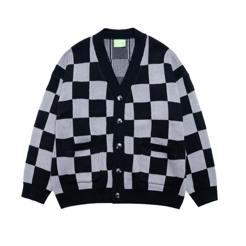

Men's Sweaters Autumn Winter Vintage Cardigan Knitted Plaids Oversized Casual Jacquard Preppy Style Knitwears Loose Outwear Male Clothing, Black