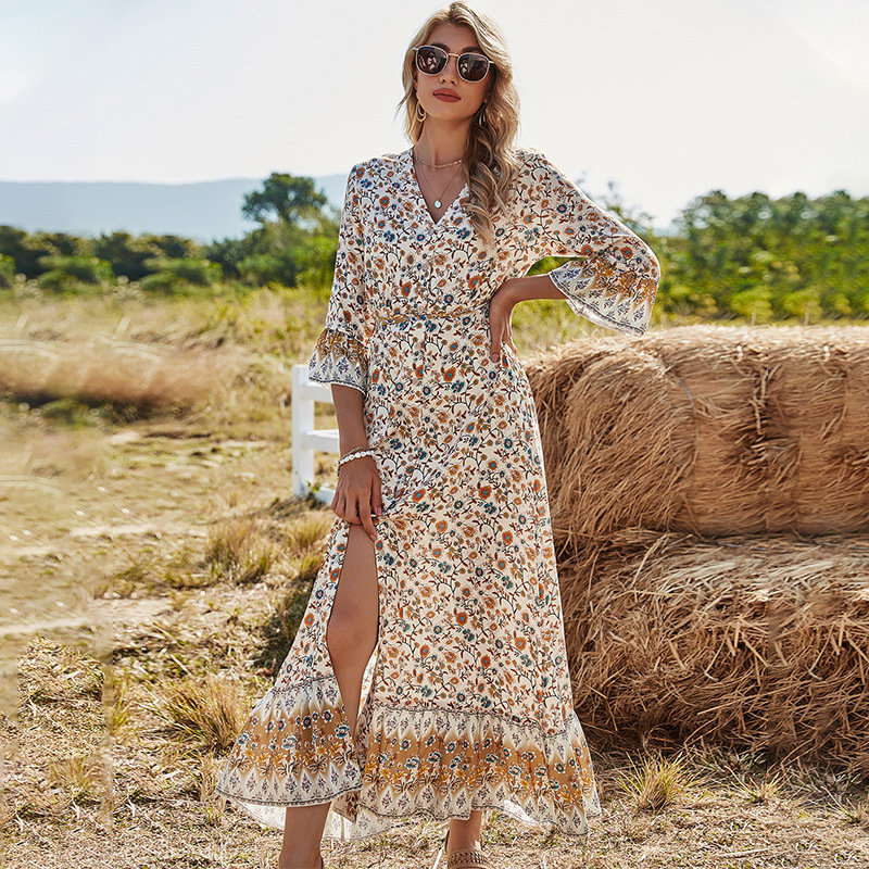 

Spring Bohemian Print V Neck Three Quarter Sleeve High Waist Long Dress For Women 2021 New Summer Dresss, Apricot