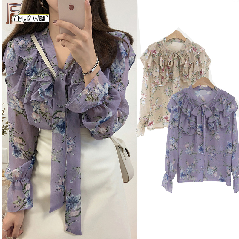 

2021 Cute Sweet Bow Tie Tops Hot Sales Women Korean Style Bow Blouses Shirts Female Girls Purple Floral Vintage Top Blouse 2021, Apricot