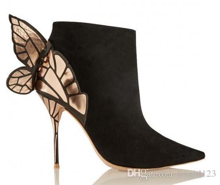 

SOPHIA WEBSTER Free Ship Sophie Ladies Leather Sheep Back Boots, Golden Wings with Martin Boots, Size: 34-42, Black iWn, Black and velvet