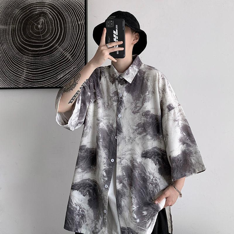 

Men's Casual Shirts 2021 Summer Man's Loose Harajuku Tops Hip Hop Printed Korean Style For Man, White;black