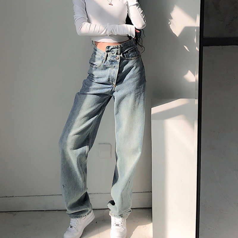 

Summer Autumn Retro Irregular Jean Slim Straight Leg Cowboy High Waist s Wide Pants MFCP 210603, Black