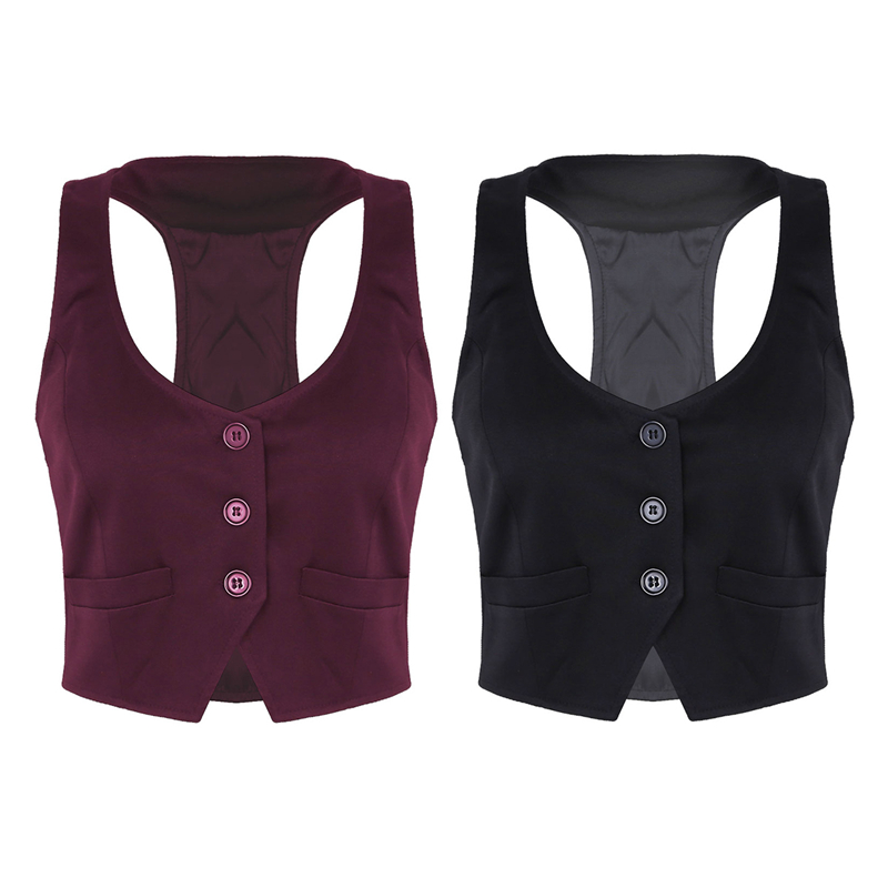 

Women Autumn Spring V-Neck Button Down Fitted Racer Back Classic Vest Waistcoat Lady Office Wear Short Shirts Waistcoat, Black