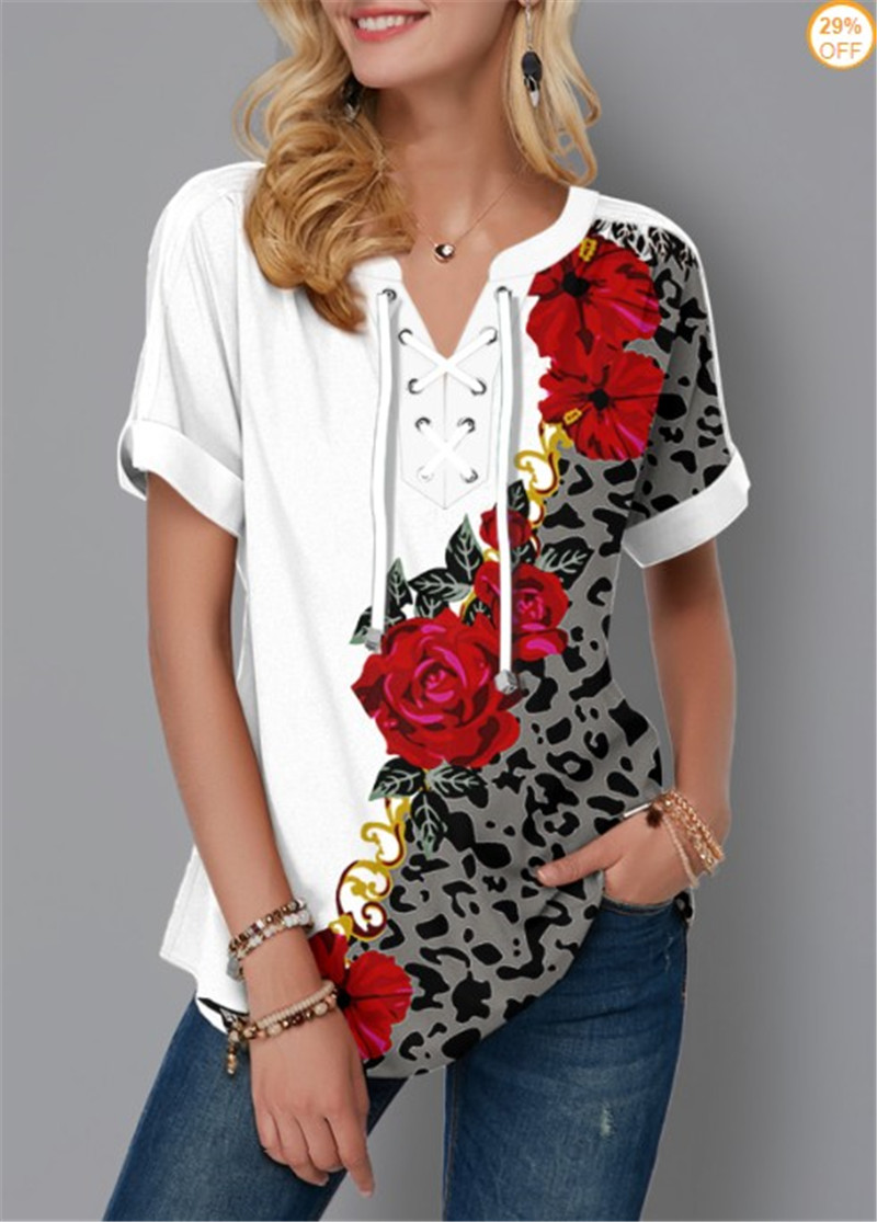 

5XL Plus Size Women Clothing Short Sleeve T-Shirts Fashion Flower Print Bandage V-Neck Summer Tee Loose Casual Lady 2021 T-Shirt, Ysx8904 purple