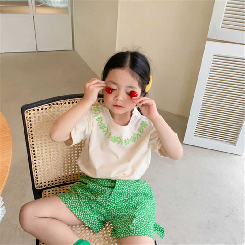 

Summer baby girls cute clothes set embroidery o-neck Tees and Shorts 2pcs suit children outfits 210615, Green