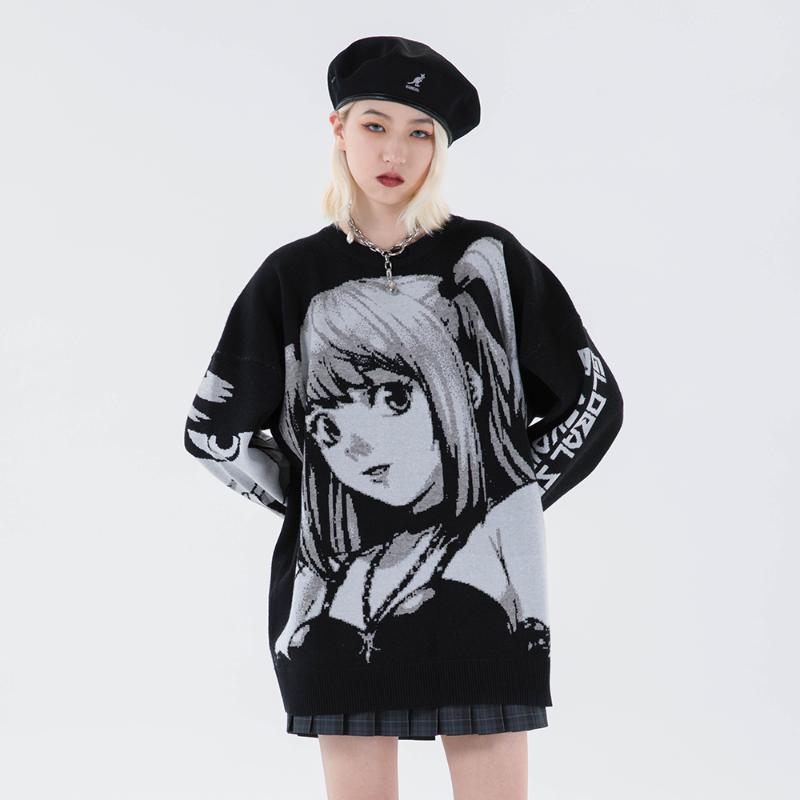 

Women's Sweaters Knitted Harajuku Winter Clothes Women 2021 Oversized Long Sleeve Top Gothic Fashion Japanese Kawaii Cartoon Streetwear, White;black