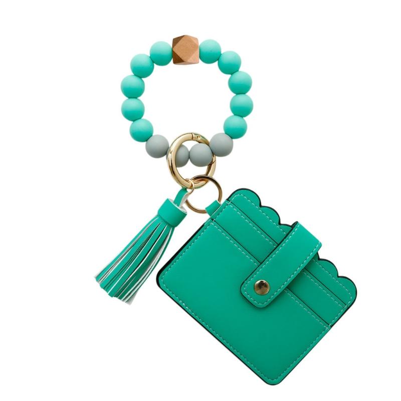 

Keychains Wristlet Keychain Silicone Beaded Bracelet Leather Tassel Wallet Bangle R7RF