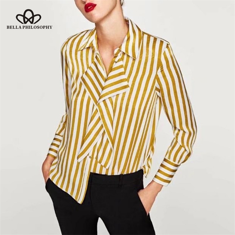 

women spring casual striped patch work blouse turn down collar full sleeve shirts satin yellow blusas 210519