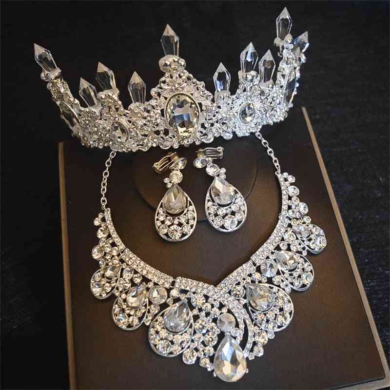 

Luxury Big Rhinestone Bridal Jewelry Sets Silver Plated Crystal Crown Tiaras Necklace Earrings Set For Bride Hair Accessories, 2pcs jewelry set