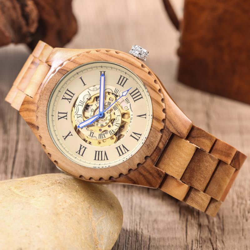 

Wristwatches Handmade Men'S Mechanical Wooden Watch Natural Unique Yellow Luminous Pointer Automatic Creative Gift, Creative wood watch