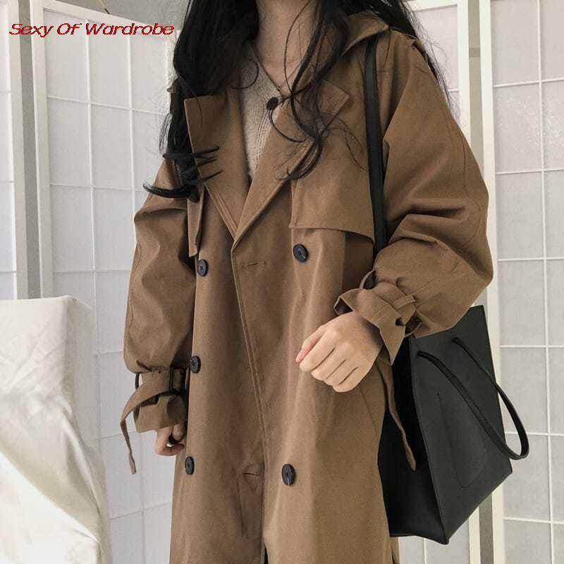 

women's trench coats women long 2021 autumn fashion high street casual lapel retro brown all-match double breasted sashes loose, Tan;black