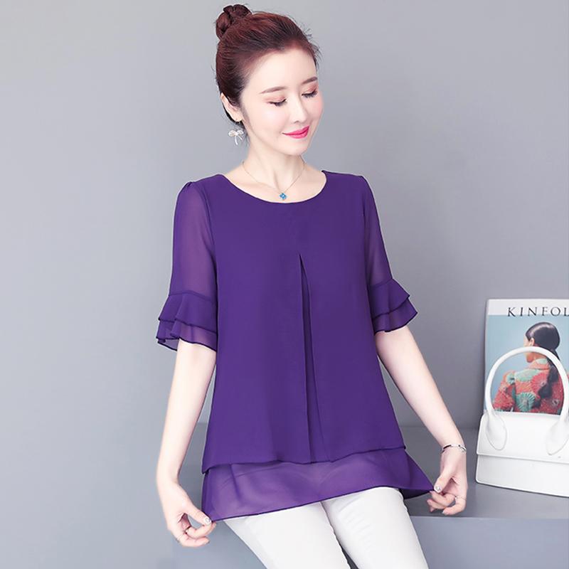 

Women' Blouses & Shirts 2021 Fashion Chiffon Blouse Shirt Women Elegant Pullover Short Sleeve Lady Tops Loose Female Plus Size 5XL Blusas, Purple