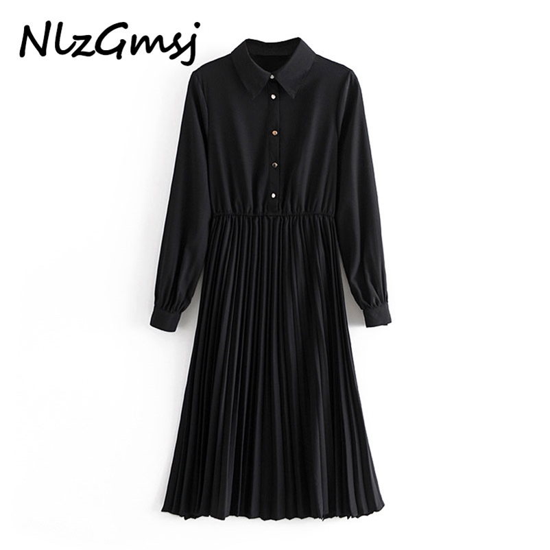 

Dres Chic Fashion Pleated Black Elegant Midi Vintage Long Sleeve Female es Vestidos Mujer 210628, As picture