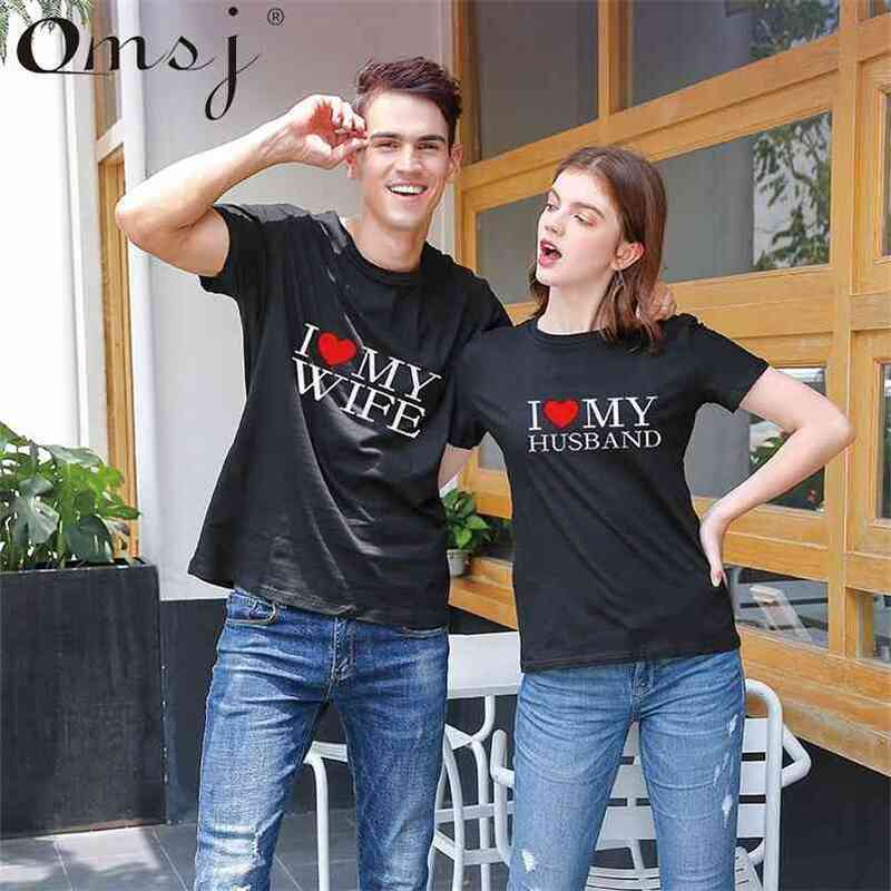 

Summer Cool Matching Couple T Shirts I Love My Wife& Husband Letter Print r Outfits for Him and Her 210517, Women shirt black