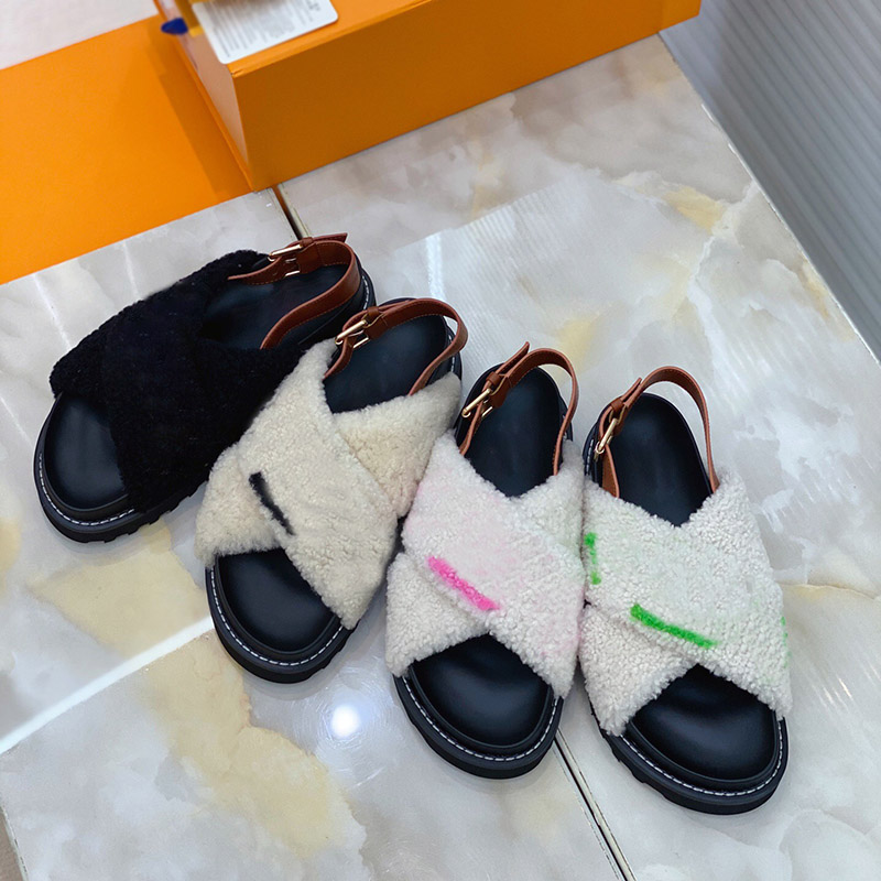 

Fashion Designer slides Paseo Flat Comfort Sandal print logo mule high-quality Wool sandals women casual shoes platform slide with buckle womens leather shoe, Black