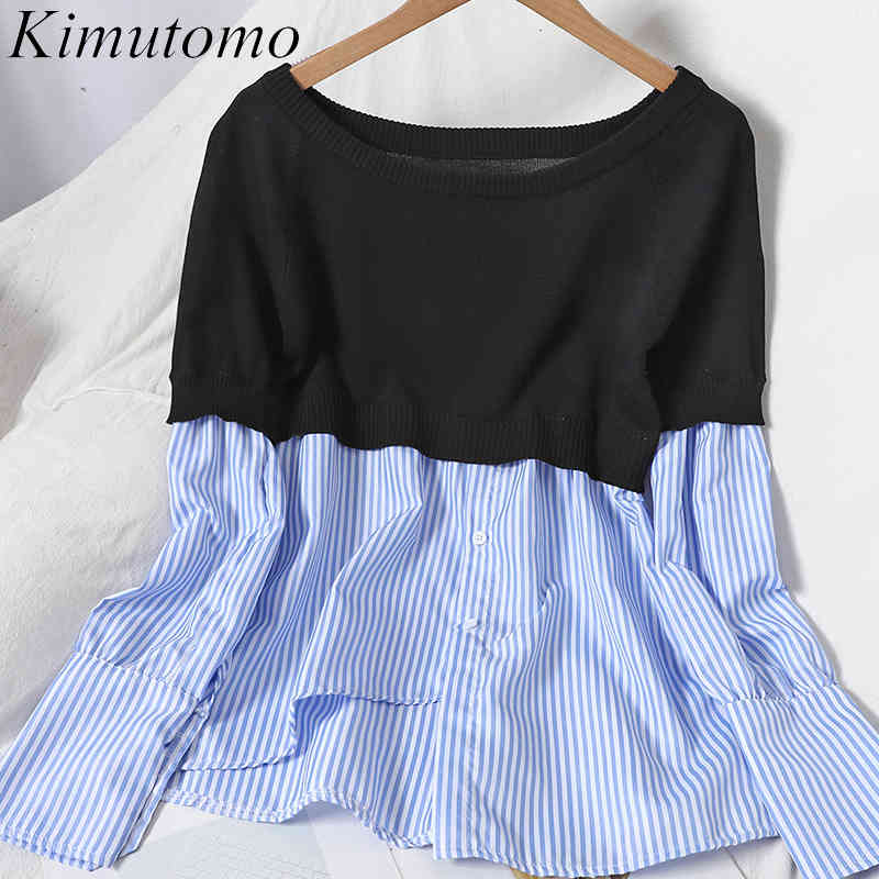 

Kimutomo Parchwork Striped Knitted Blouse Women Irregular Elegant Single Breasted Ladies O-neck Shirt Spring Korea Chic 210521, Photo