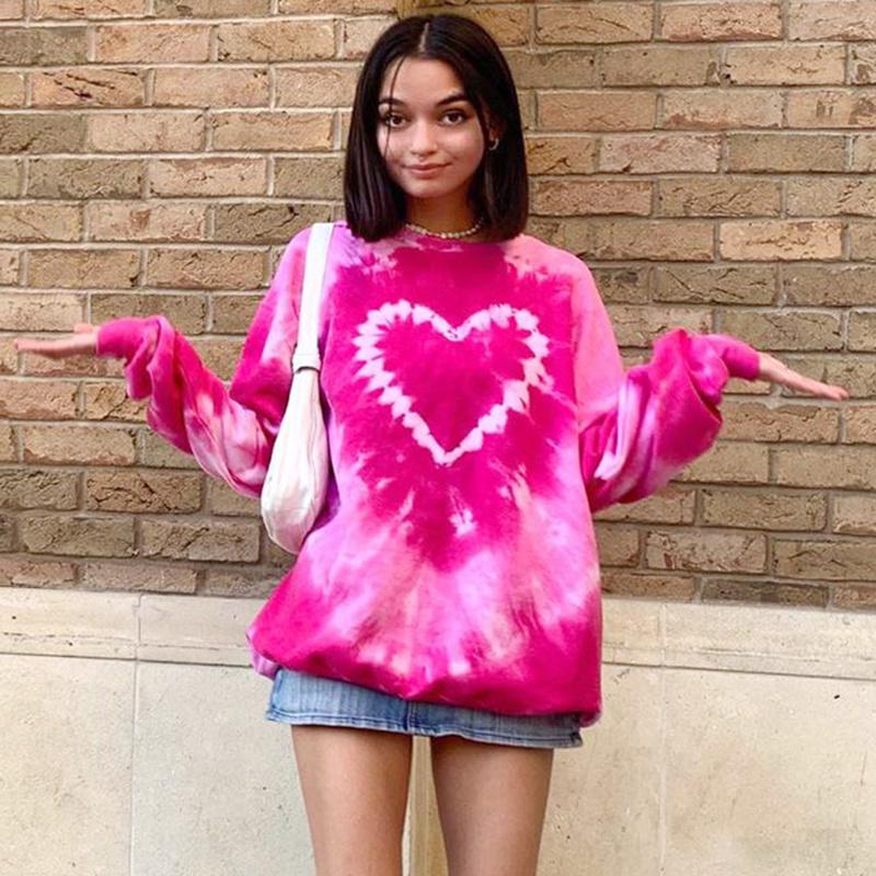 

Designer Tech fleece Tie Dye Heart Print Hoodie Women Casual Loose Sweat Oversized Sweatshirts Pink Kawaii Long Sleeve Pullovers Crop