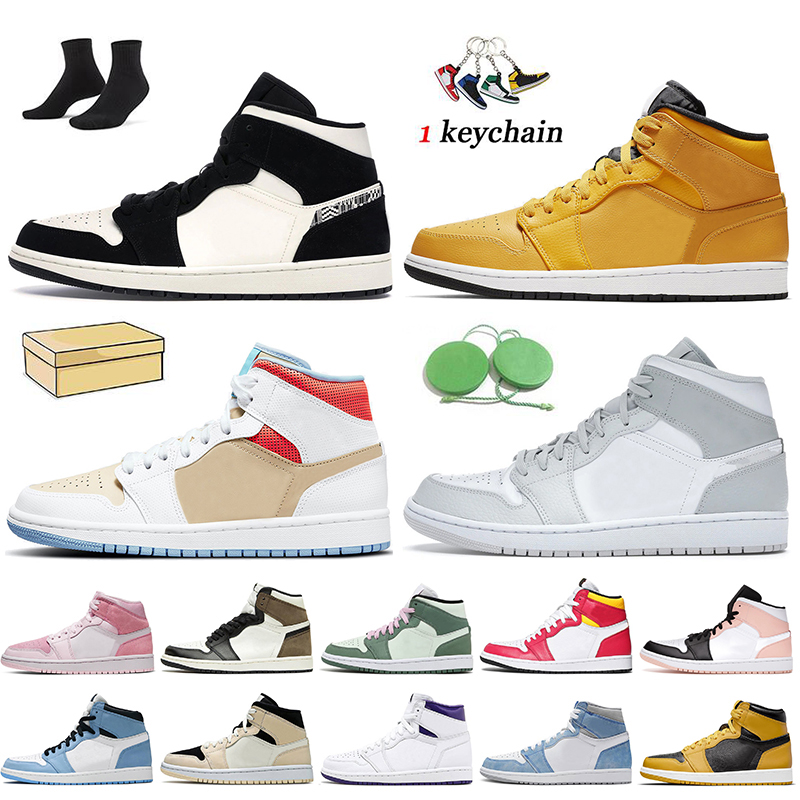 

With Box Jumpman 1s Women Mens Basketball Shoes Jordan 1 Retro Air Mid Equality Taxi Sesame Grey Camo White Off Crimson Tint High OG Electro Orange Trainers Sneakers, A52 grey camo 36-46