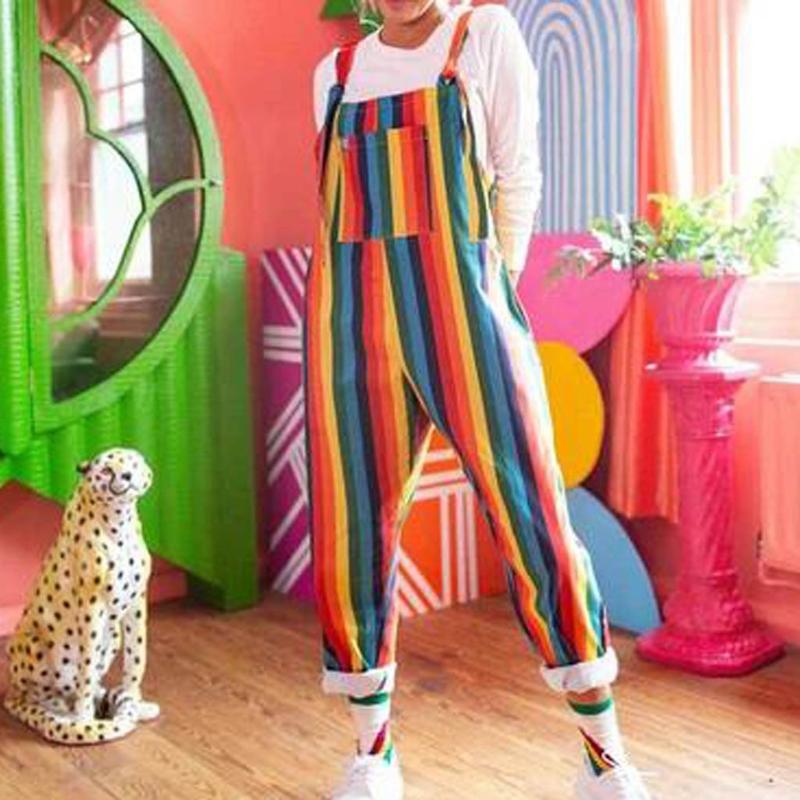 

Fashion Women Casual Holiday Loose Long Pant Trousers Overalls Sexy Sleeveless Striped Rainbow Pocket Lace-up Jumpsuit Romper#g3 Women' Jum, Multi