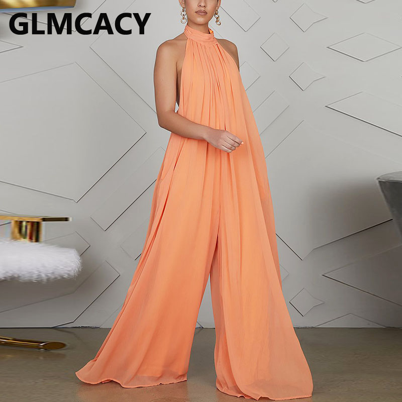 

Women Chiffon Halter Backless Jumpsuits Loose Style Long Overalls Elegant Party Club Jumpsuit, Orange