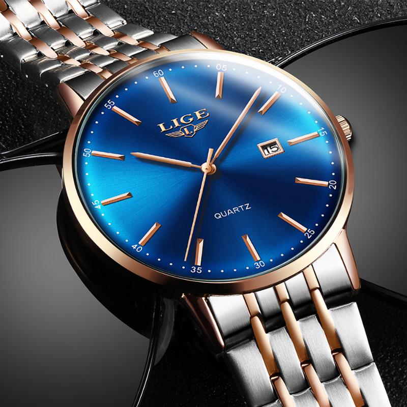 

Wristwatches 2021 LIGE Fashion Mens Watches Top Military Watch Men All Steel For Man Sport Waterproof Date Clcok+Box, Rose gold all blue