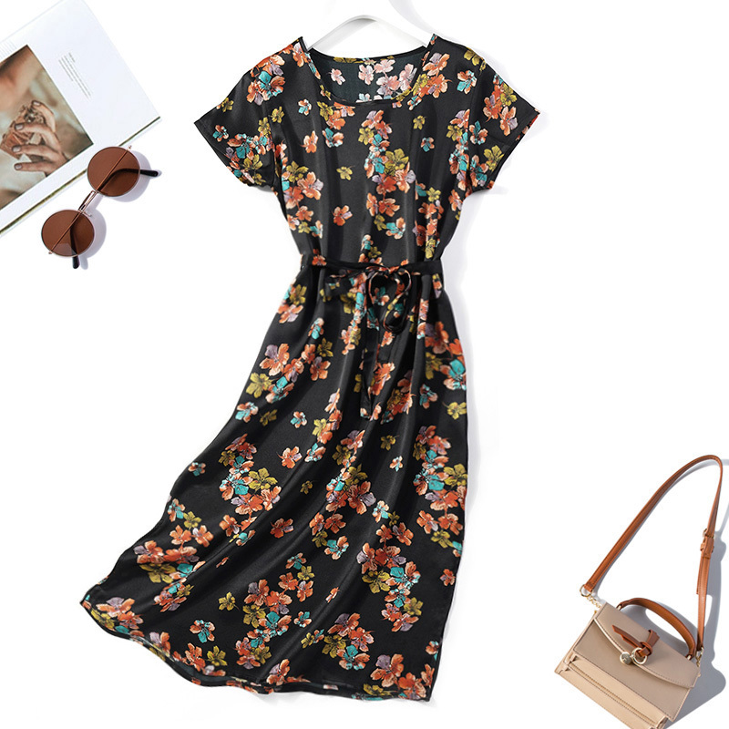 

dress Women's 100% Mulberry Heavy Satin Silk black floral short Sleeve Crew Neck side slit Long Dress JN610, Blue