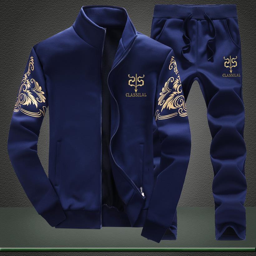 

casual brand zipper 2 piece men tracksuits cardigan sets slim fit sportswear fashion autumn spring printed jacket pants, Gray