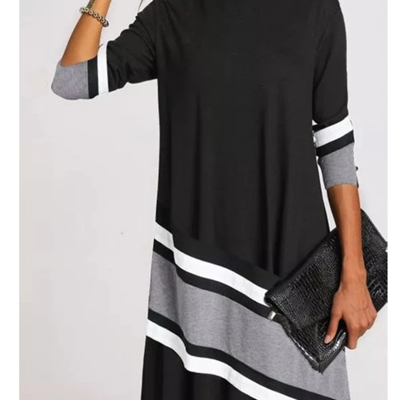

2020 spring and autumn women's fashion printed half high collar long sleeve loose dress, Black;gray